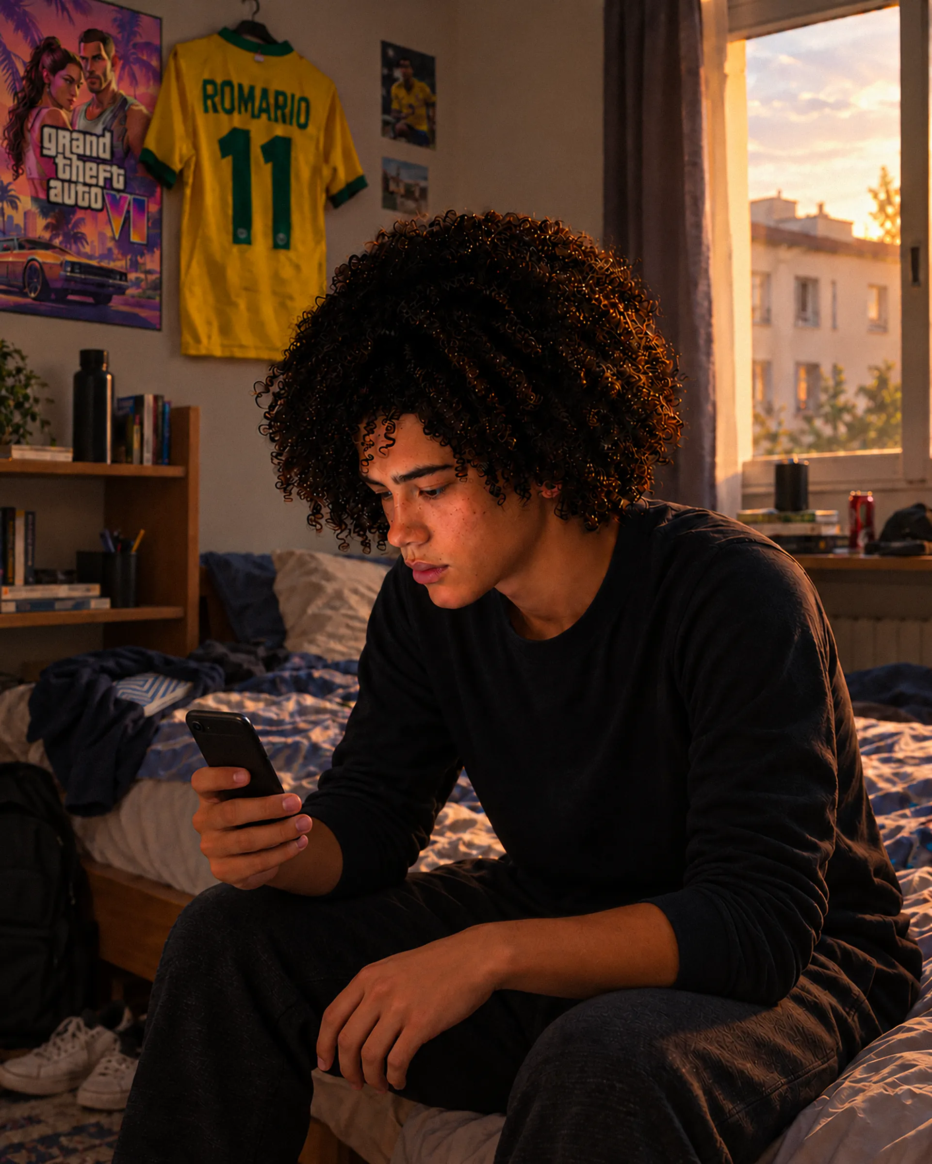 Brahim regarde son téléphone dans sa chambre