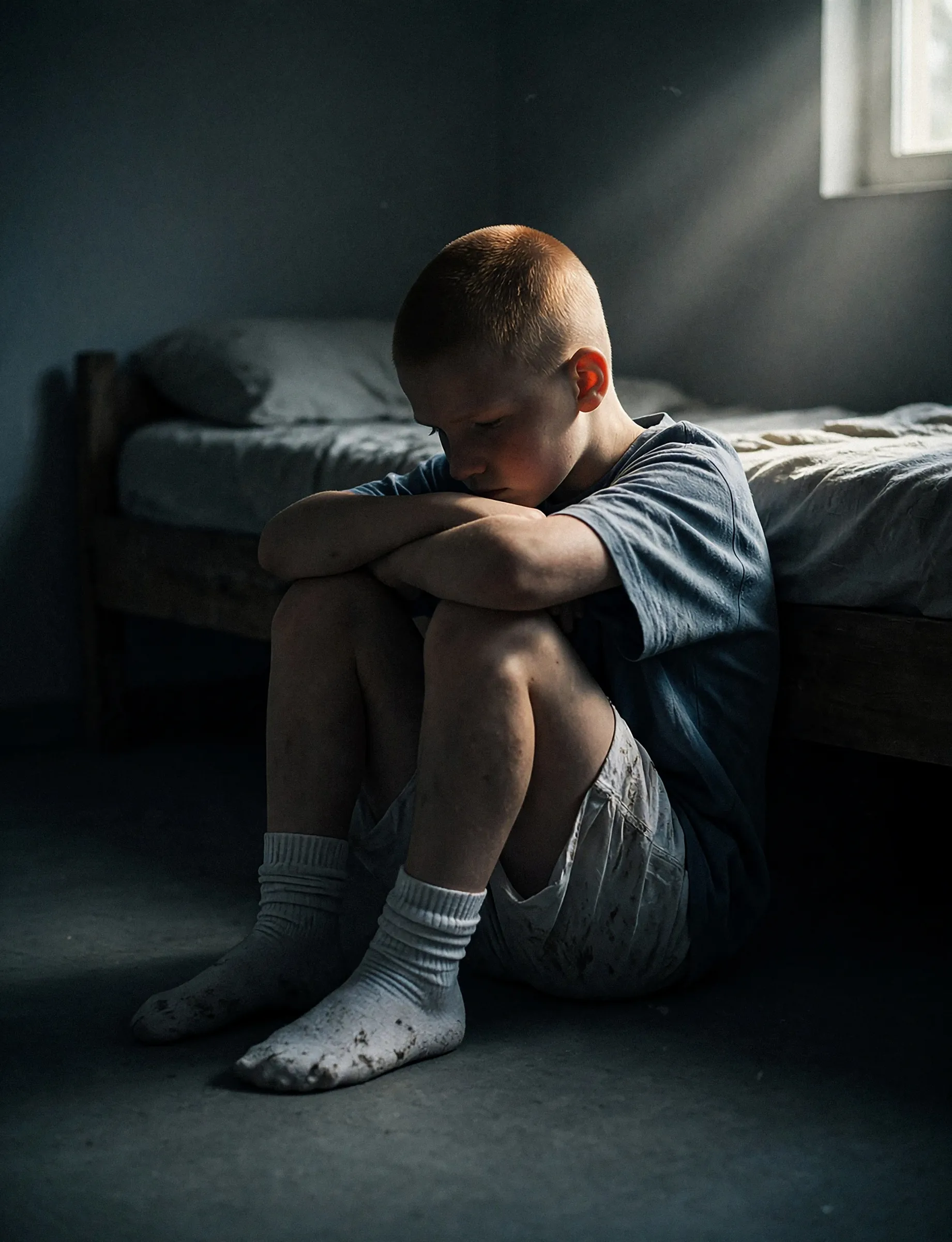 Liam enfant, assis près de son lit
